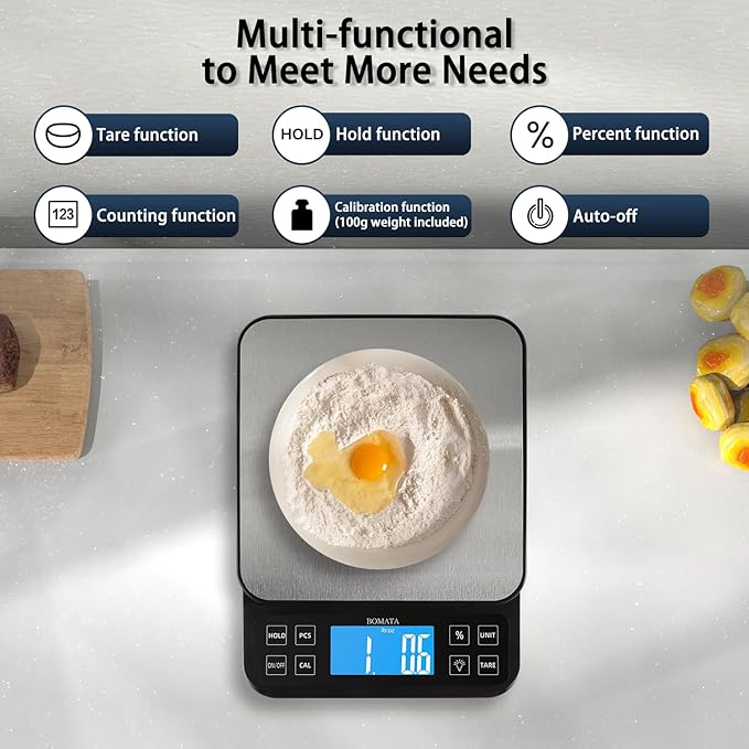 BOMATA Large Kitchen Scale with 0.1g/0.001oz High Precision, 5kg/11lb Bakery Scale with% Percentage Function, USB Rechargeable, Full-View Angle LCD with Backlight, Stainless Steel Pan