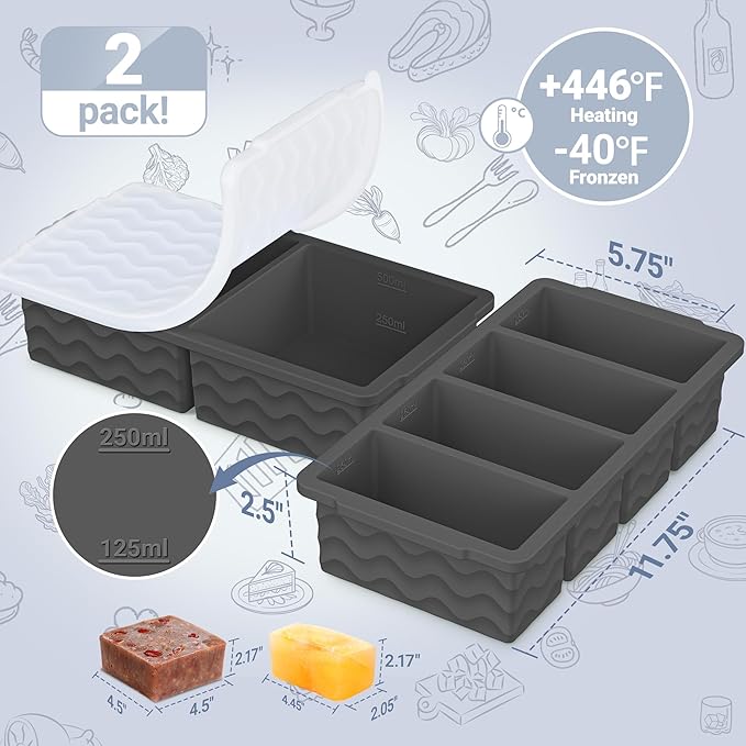 Silicone Freezer Molds for Soup with Lid, 1-Cup & 2-Cup Large Ice Cube Trays Food Storage Containers for Meal Prep, Freeze 250mL/125mL Portions – 2 Pack