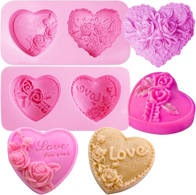 Heart Silicone Molds, AITRAI 4 Types 3D Flower Heart Chocolate Molds Soap Molds for Soap Making Cake Candle Wedding Candy Mold Gift for Love Birthday