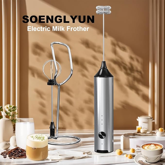 Rechargeable Milk Frother with Stand, 3 Speeds Drink Mixer Handheld with 2 Heads, Electric Frother Wand for Coffee, Latte, Cappuccino, Hot Chocolate, Matcha and Egg Mini Frother, Silver
