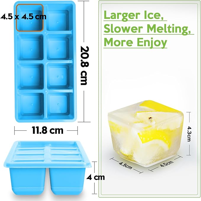 Large Ice Cube Trays, JRISBO 2 Pack Reusable Silicone Ice Cube Molds with Lid for Freezer, Easy Release 16 Big Square Ice Trays for Whisky Cocktails
