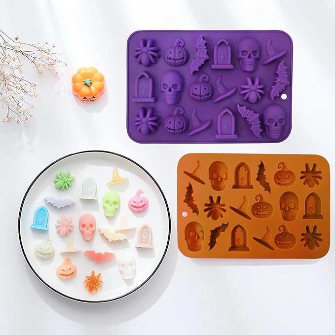 Halloween Molds Silicone for Chocolate 4 Pack, 3D Halloween Chocolate Candy Gummy Mold Skull Pumpkin Bat Ghost Witch Hat Spider tombstone Shapes Mold
