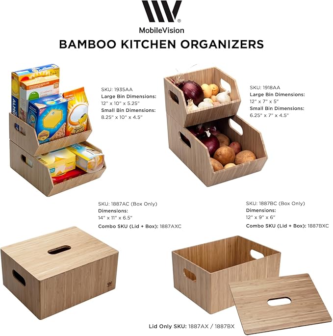 MobileVision Bamboo Storage Bins for Pantry & Kitchen Cabinet Organizer Multi-Purpose 2 PC Stackable Set for Canned Goods, Vegetables, Pouches, Boxed Meals & more