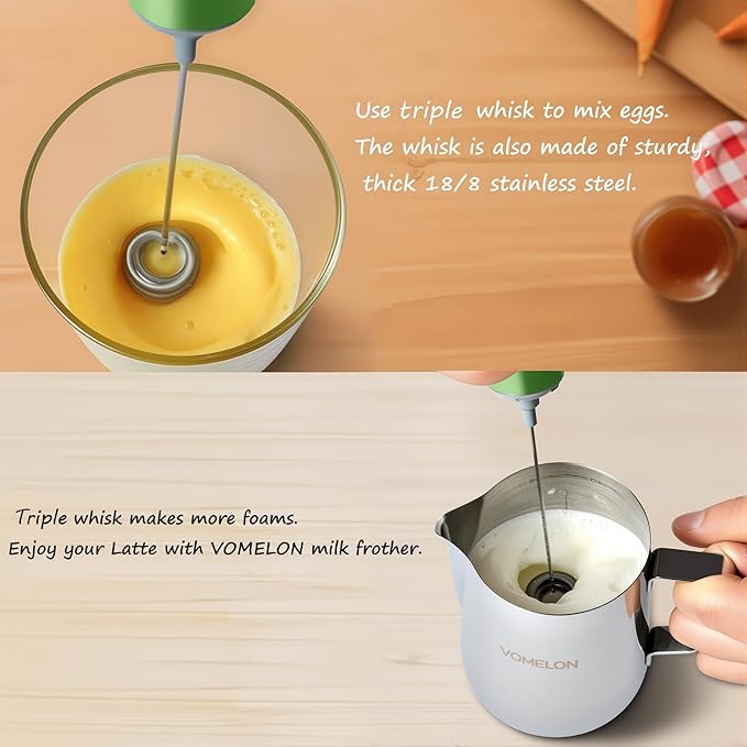 Electric Milk Frother Handheld,Travel Coffee Drink Mixer Batteries Included, 304 Stainless Steel Whisk for latte Cappuccino,Bulletproof Coffee Hot Chocolate,Egg-Grass Green