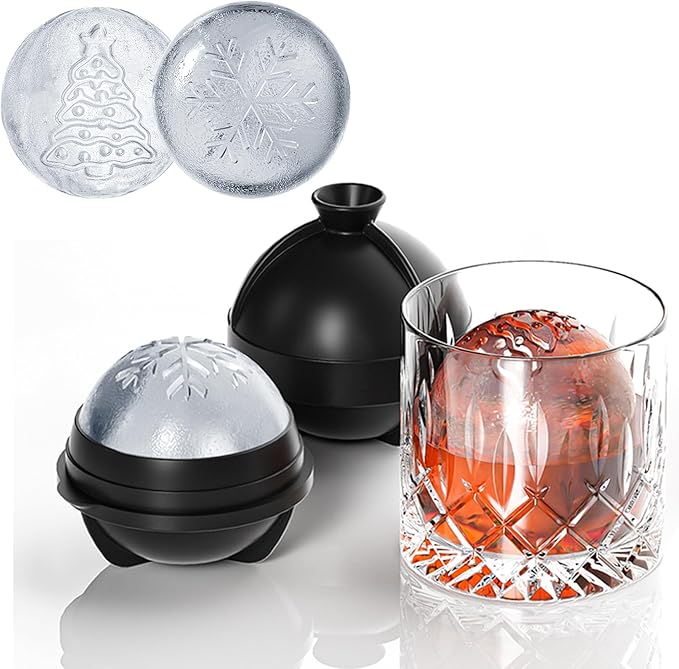 Novelty Christmas Snowflake Tree Ball Ice Maker Mold Set of 4, Funny Christmas Snowflake Tree Gifts for Women, 2.36" Large Sphere Round Ice Cube Molds for Whiskey, Bourbon, Cocktails