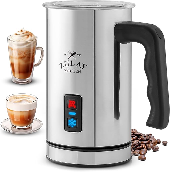 Zulay 4-in-1 Milk Frother & Steamer – Hot & Cold Foam Maker, Milk Warmer & Chocolate Stir – Automatic Temp Control, Nonstick Double-Wall Stainless Steel Jug, Auto Shut Off, 360° Base – Aero Silver