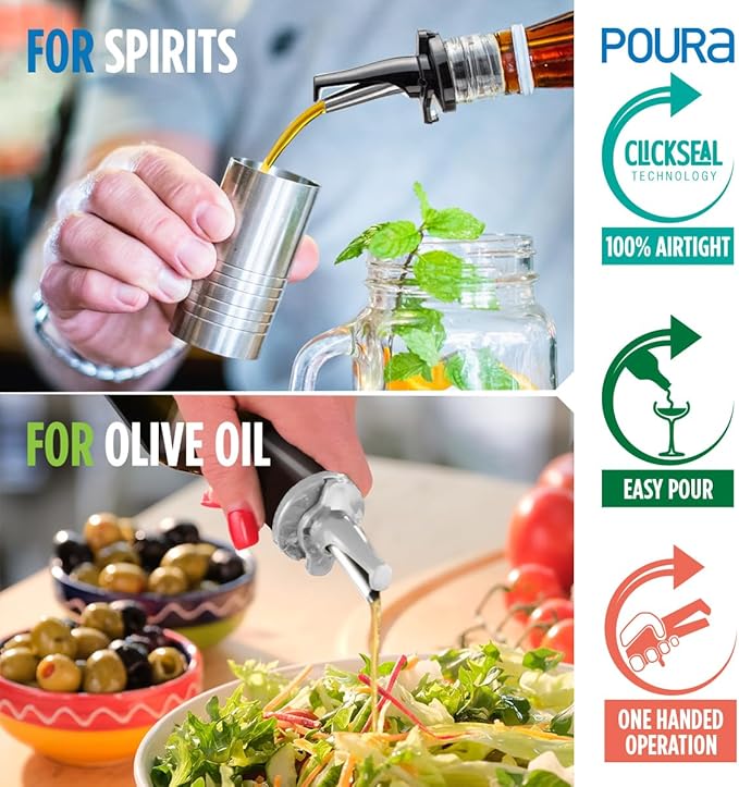 3-in-1 Liquor Bottle Pour Spouts with Built-in Fruit Fly Protection - BPA Free & Dishwasher Safe Hygienic Alcohol Pour Spouts - Also for Olive Oil - Silver 2 Pack with 2 Adapters for Large Bottles