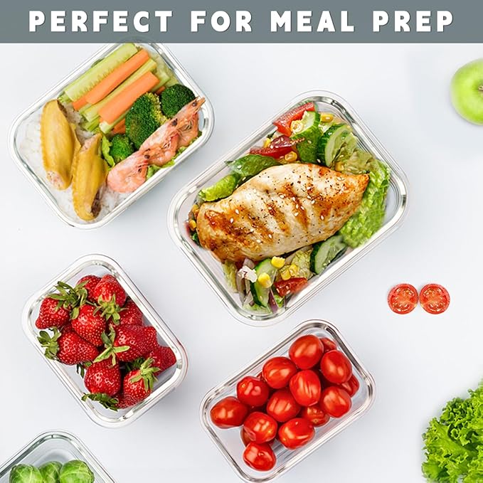 KAMOTA Glass Food Storage Containers, 10 Pack Glass Meal Prep Containers, Airtight Containers with Snap-Lock Lids, 34 oz and 13 oz green Container Set with Lids, for Microwave/Oven/Freezer