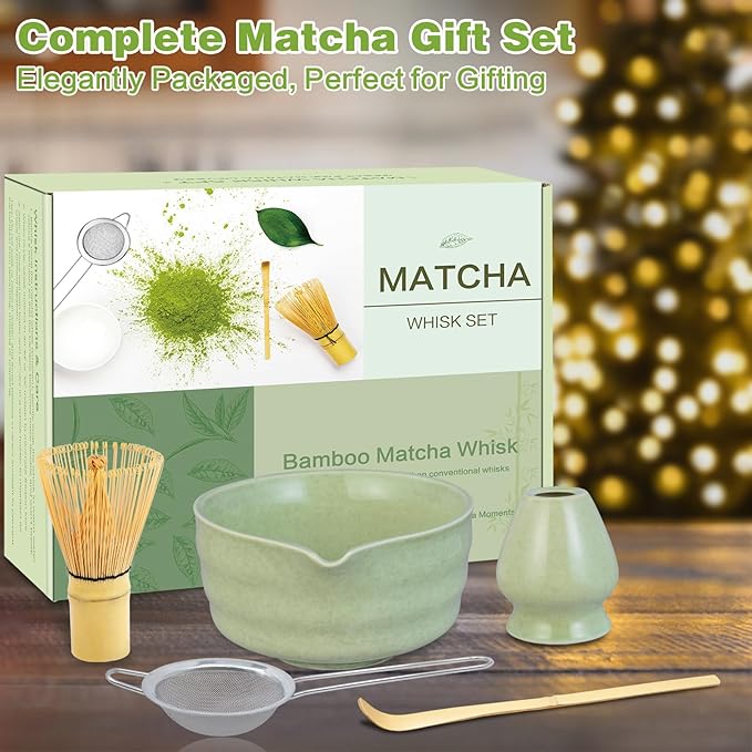Matcha Whisk Set, Premium Ceramic Bowl with Spout, Bamboo Whisk, Chasen Holder, Sifter, Scoop, Complete Tea Making Kit for Matcha Lovers, Beginner Starter Set for Lump-Free Matcha Green Tea Gift