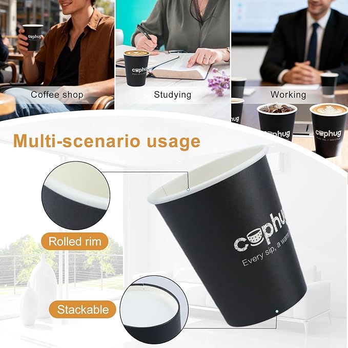 300 Pack 8 oz Disposable Paper Coffee Cups, 8 Ounce Black Paper Hot Coffee Cups–Perfect for Hot Beverages, Party, Office, and Home Use