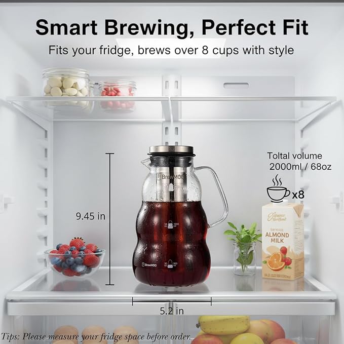 BrewMOO- Cold Brew Coffee Maker (2.0L/68Oz), Sleek Wave Borosilicate Glass Pitcher with Stainless Steel Filter, Airtight Lid + Wide Spout + Comfort Handle, Effortless Manual, Sophisticated Gift