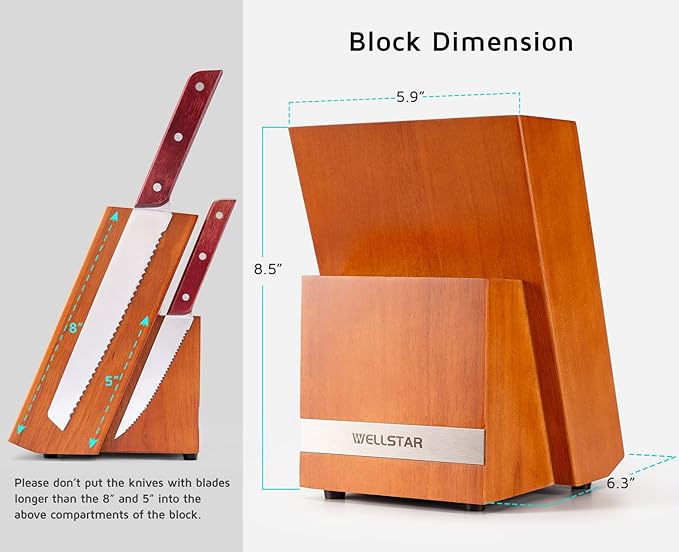 14 Slot Kitchen Knives Block, WELLSTAR Natural Wood Knife Holder without Knives – Hard Wood Countertop Knife Storage – Brown