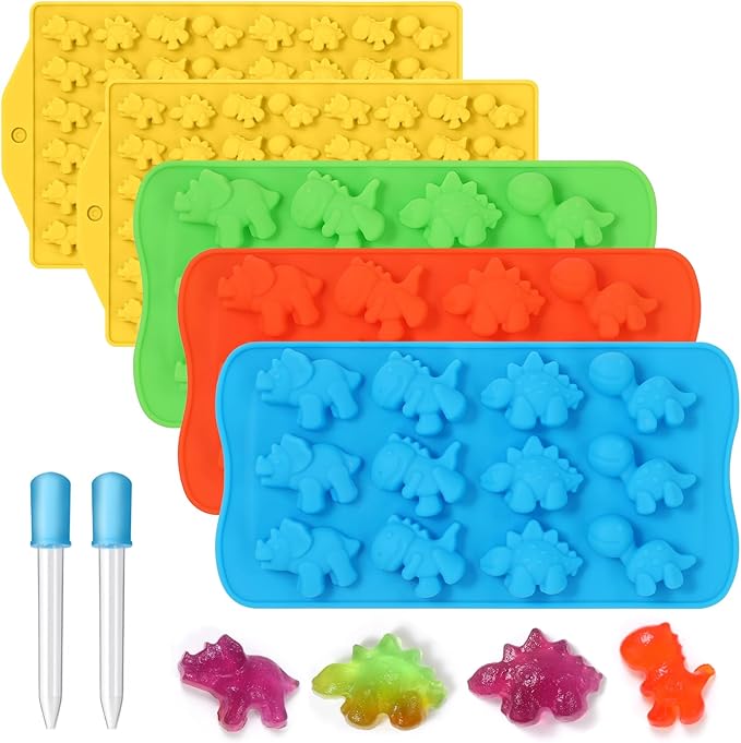 2 Sized Dinosaur Candy Molds Gummy Molds - Regular and Mini size Dinosaur Silicone Chocolate Molds Nonstick Set of 5 Including Triceratops T-Rex Stegosaurus Brontosaurus
