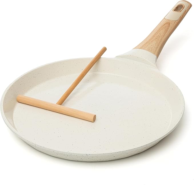 Moss & Stone 9.5-Inch Nonstick Crepe Pan with Spreader – Ceramic Dosa Tawa, Flat Skillet for Roti, Pancakes, Tortillas – Induction Compatible, Nonstick Pancake Pan for Stovetop Use, White