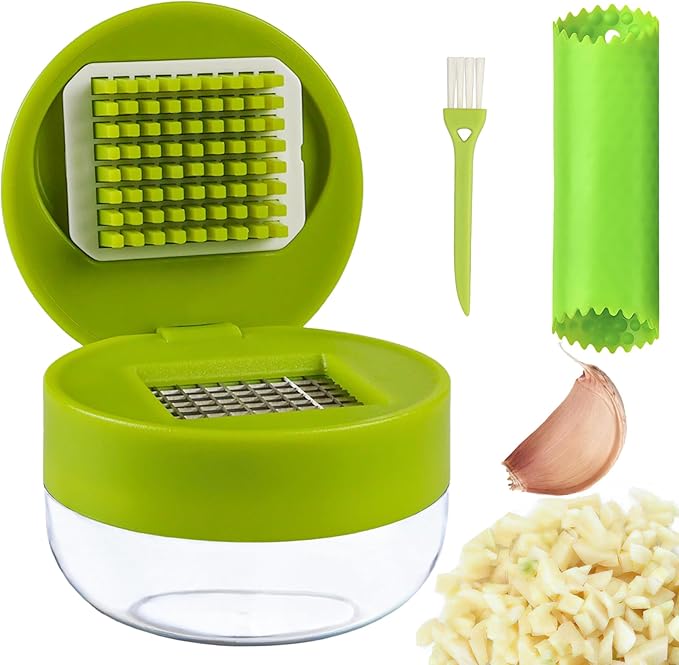 Garlic Press Stainless Steel, Garlic Mincer Tool with Storage Container, Garlic Chopper with Peeler Skin and Cleaning Brush