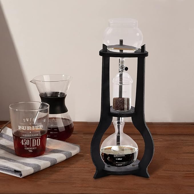 Cold Brew Coffee Maker, 600 ml/20.29 oz Iced Coffee Tower Dripper Coffee Maker & Tea Maker 6-8 Cups, High Borosilicate Glass, Wood, 304 Stainless Steel, Copper - for Home Office (Grey)