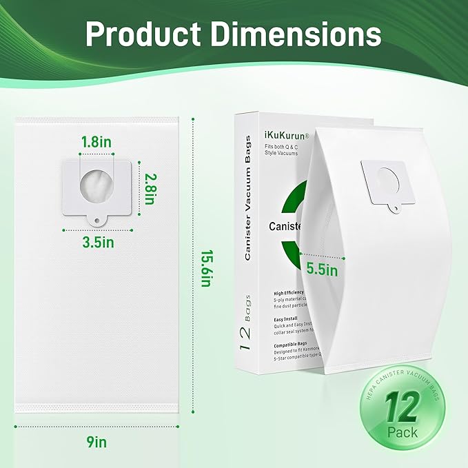 12 Pack Type Q/C 53292 Canister Vacuum Bags Replacement Dust Bags for Kenmore 200 400 600 700 800 Series,5055, 50557, 50558, 53291, 21814, 81214,BC3005, BC7005 Series Bagged Vacuums Cleaner