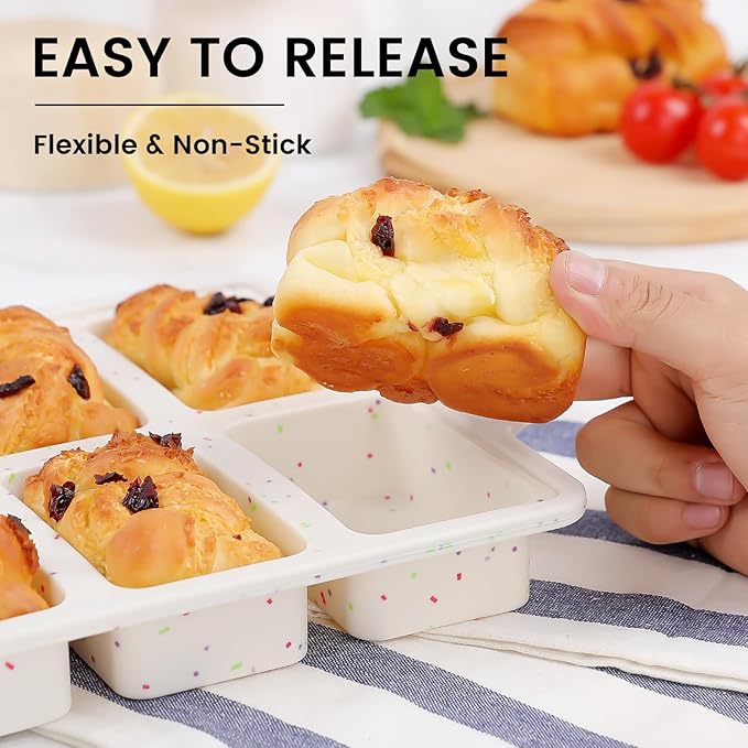 Vinino Silicone Mini Loaf Pans with Metal Reinforced Frame-1 Pack, Non-stick Silicone Bread Pan for Baking 8-Cavity, Tiny Banana Bread Pan Set, Dishwasher Safe Brownie Pan-Cream