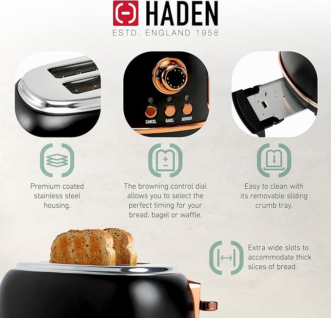 Haden Heritage 1.7 Liter Stainless Steel Electric Water Kettle Bundled with 2 Slice Wide Slot Stainless Steel Toaster, Black & Copper