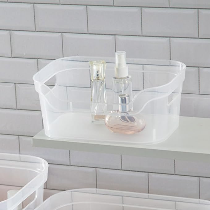 Sterilite 9.5 x 6.5 x 4 Inch Small Open Scoop Front Clear Storage Bin with Comfortable Carry Through Handles for Household Organization (48 Pack)