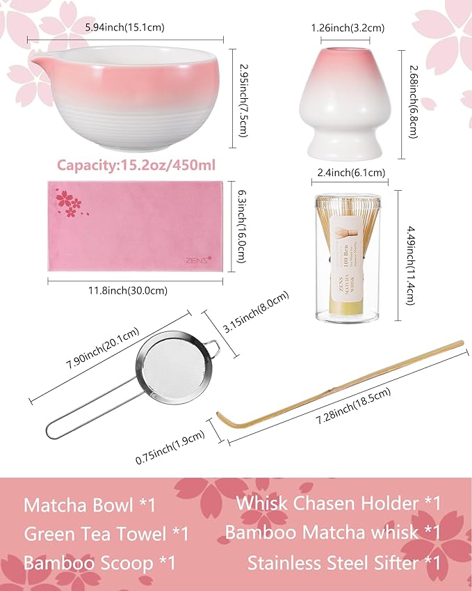 ZENS Pink Matcha Set, 6pcs Matcha Kit Includes Ceramic Bowl, Handcrafted Bamboo Whisk and Chasen Holder, Scoop, 304 Sifter & Tea Mat, Matcha Whisk Set Gift for Matcha Lovers