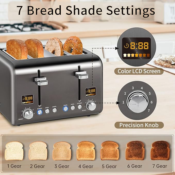 SEEDEEM 4 Slice Stainless Toaster with LCD Display, 7 Shade Settings, Wide Slots, Bagel/Defrost/Reheat Functions, Removable Crumb Tray, 1800W