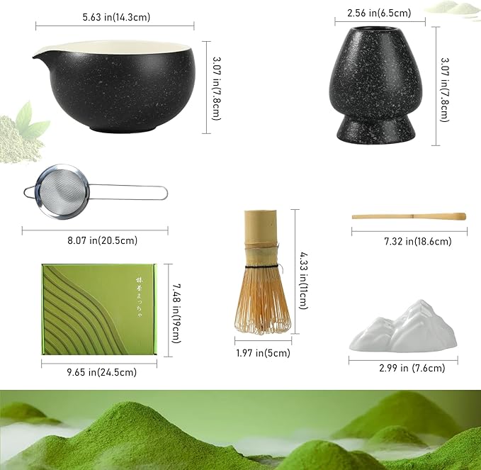 Matcha Whisk Set, Ceramic Matcha Set with Spout, Matcha Bowl Kit with Sifter, Whisk and Holder, Bamboo Scoop, Scoop Rest, Tea Towel, 7 Pcs Matcha Kit Set for Making Breakfast/Latte for Matcha Lovers