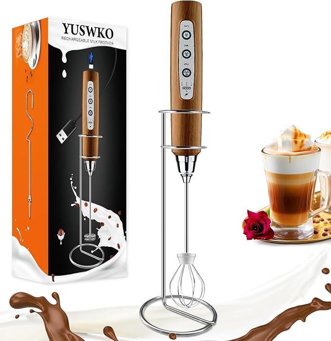 YUSWKO Wood Grain Handheld Milk Frother Wand with Stand for Coffee, Rechargeable Electric Whisk with 3 Heads 3 Speeds Drink Mixer Coffee Frother For Latte, Cappuccino, Hot Chocolate, Egg