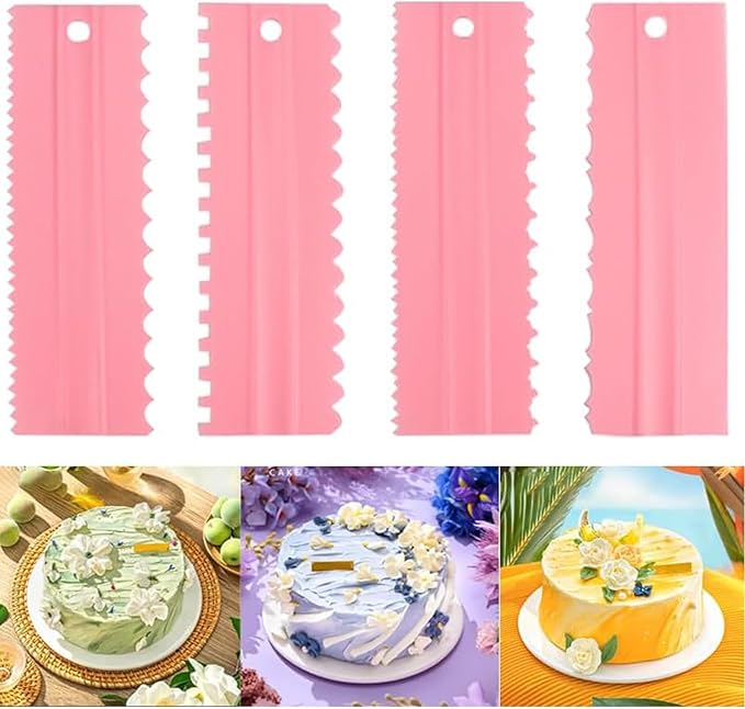 Cake Scrapers Set Pink Decorating Comb and Icing Smoother, Plastic Sawtooth Scraper Polisher Butter Mousse Cream Cake Edge DIY Tool -8 Design Textures (Pink)