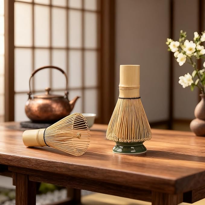 Matcha Whisk Set, Ceramic Bowl with Spout, Matcha Whisk & Holder, Bamboo Scoop & Spoon, Scoop Rest, Sifter, Towel, 8 Pcs Complete Kit for Tea Ceremony, Gift for Friend/Family(Green)