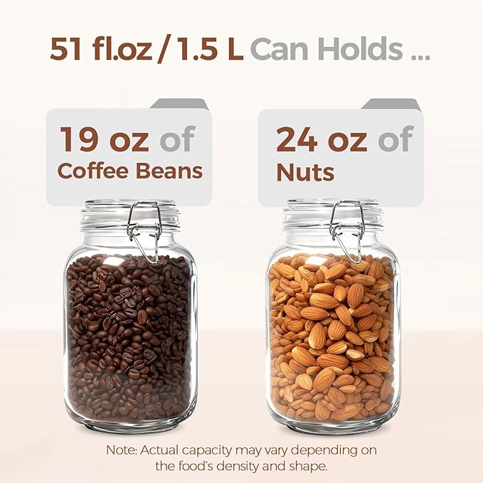 ComSaf Airtight Glass Canister Set of 3 with Lids 50oz Clear Food Storage Jars Square, Kitchen & Pantry Organization Food Storage Container for Canning, Sugar, Flour, Pasta, Candy, Cereal, Coffee