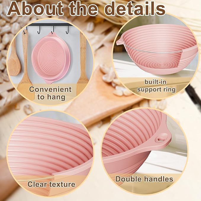Upgraded Silicone Sourdough Bread Proofing Basket with Handles - Reinforced Rim Support, 9 Inch Non-Stick Round Dough Foldable Bowls for Sourdough Bread Baking, Oven & Dishwasher Safe-BPA Free (Pink)
