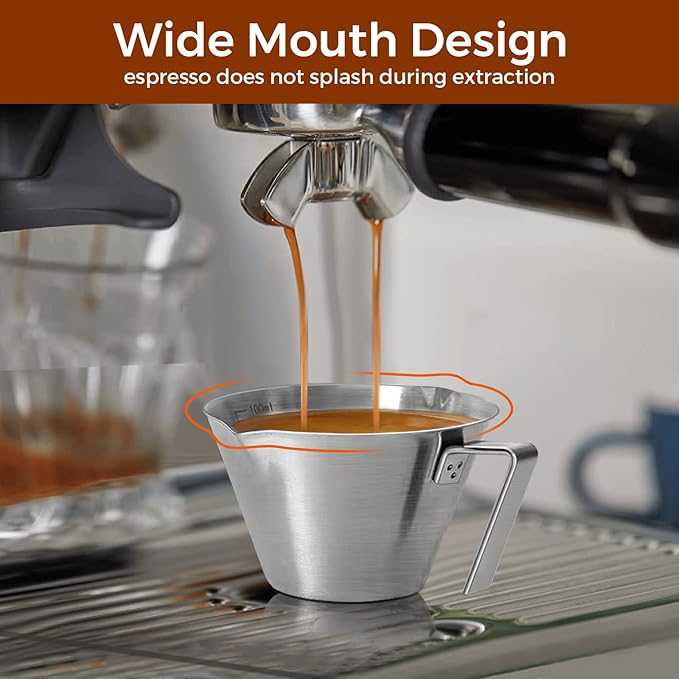 1Pc Stainless Steel Espresso Cups, Double Spout Metal Measuring Cup with Dual Scale, Espresso Shots Cup with Handle, Coffee Bean Weighing (Black), 3.4oz/100ml