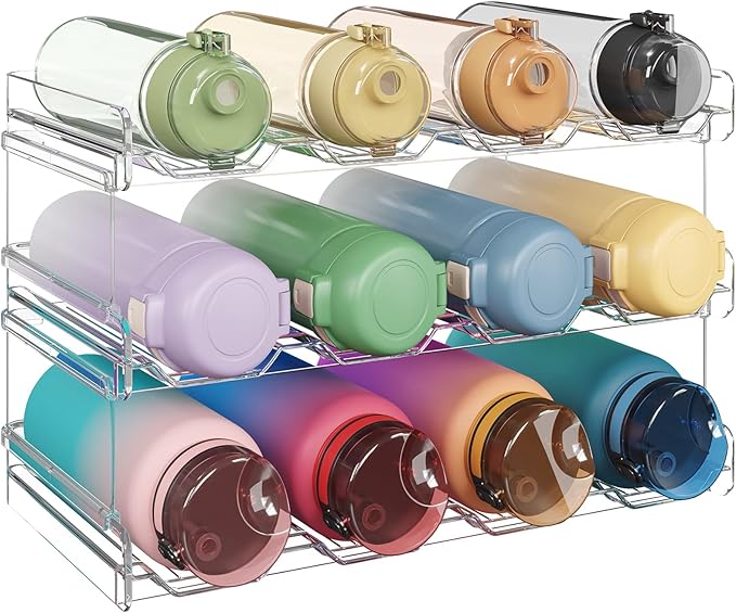 Lifewit Stackable Water Bottle Organizer for Cabinet, Plastic Bottle Holder Fits Bottles & Tumblers up to 3.8" Diameter, Pantry, Countertop & Fridge, 3 Tier Holds 12 Bottles