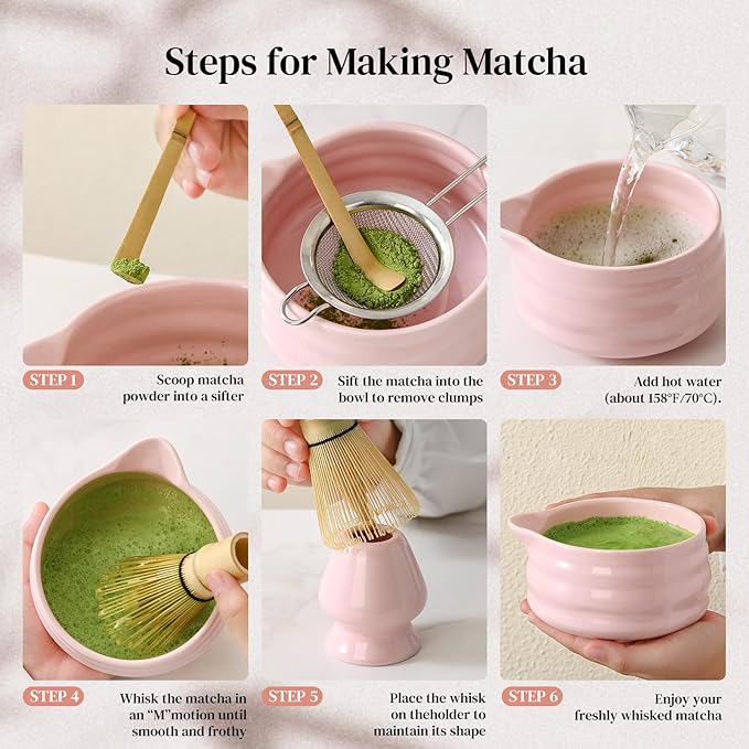 DOWAN Matcha Whisk Set, 7 Pcs Matcha Set Includes Bowl with Spout, Whisk and Holder, Bamboo Scoop and Holder, Sifter and Tea Towel - 7 Pcs Matcha Kit Gift for Lovers Beginners, Christmas (Pink)