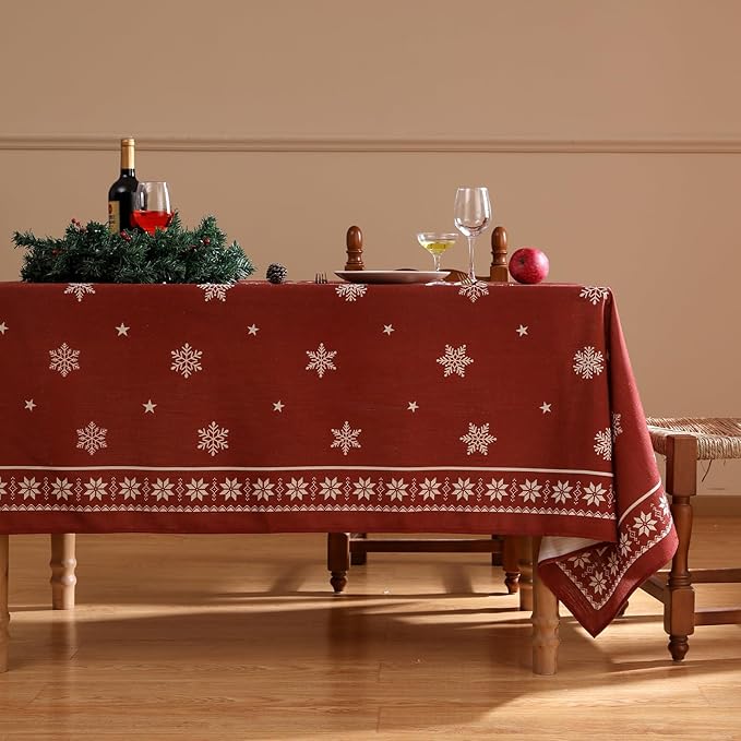 ISAENNE Designer Christmas Red Small Square Tablecloth,Linen Table Cloth with Snowflakes Pattern,Wrinkle Resistant Decor Tablecloths for Dining Kitchen Thanksgiving Christmas,55"*55"-Carol C