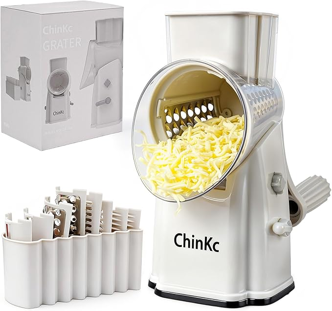 Rotary Cheese Grater Shredder - Upgraded 5 in 1 Cheese Grater with Handle and Strong Suction Base, Multi-purpose Julienne Slicer Ice Shaver Nuts Grinder for Ice, Vegetables, Fruit, Nuts
