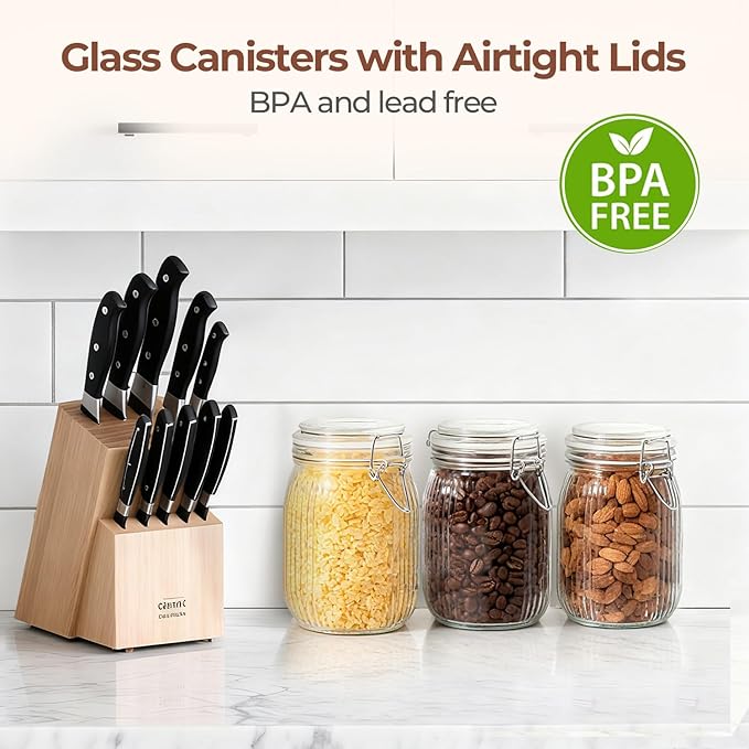 ComSaf Airtight Glass jar with lid 37oz Set of 3, Glass Storage Containers with Lids, Glass Canisters, Striped Clip Fastening Jar for Kitchen Canning, Tea, Pasta, Sugar, Beans, Cookie, Jam, Oat
