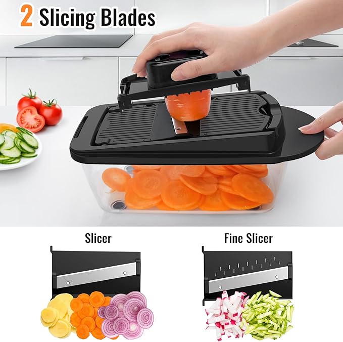 12 Blade All-in-1 Vegetable Chopper Mandoline Slicer with Container, Spiralizer with Contianers, Food Chopper, Onion Chopper, Veggie Cutter for Salad, Kitchen Gadgets Accessories Essentials, Black