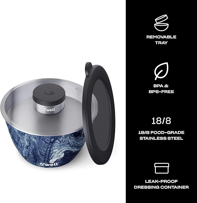 S’well Stainless Steel 64oz Salad Bowl Kit, Azurite Color, Includes 2oz Condiment Container and Removable Tray, Leak-Proof, Easy to Clean, Dishwasher Safe