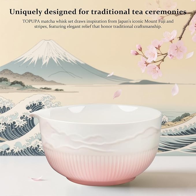 7PCs Pink Matcha Whisk Set Traditional Japanese Matcha Kit with Whisk and Bowl Matcha Making Accessories Bamboo Chasen Tea Spoon Holder Sifter Tea Towel Ceremony Macha Tea Set for Beginners