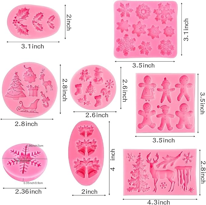 Christmas Silicone Molds Snowflake Molds Xmas Fondant Chocolate Candy Cake Molds Christmas Snowman Tree Snowflake Holly Leaves Santa Claus Baking Molds for Party Cake Decor