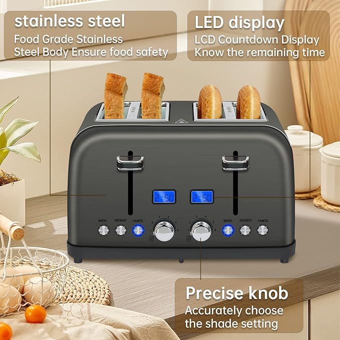 SEEDEEM Toaster 4 Slice, LCD Display, 6 Shade Settings, 1.5'' Wide Slots, Digital Stainless Toaster for Bagel, Defrost, Reheat, Dual Control, Removable Crumb Tray, 1500W, Dark Metallic