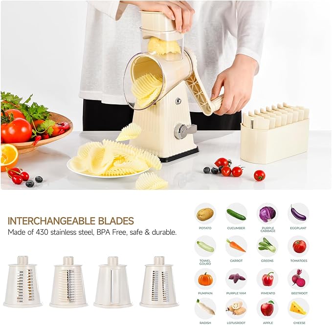 Xilrvna RotaryCheese Grater,VegetableShredder 5 in 1 Cheese Grater with HandleedderReinforcedSuction,EasytoClean,KitchenChopperforCrushedIce,Fruits and Nuts with Blade Storage Case（White