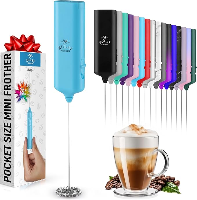 Mini & Mighty Milk Frother Wand – Powerful Handheld Coffee Frother, Battery Operated Drink Mixer – Compact Pocket Size – Detachable Whisk for Latte, Cappuccino, Matcha, Hot Chocolate – Sky Blue