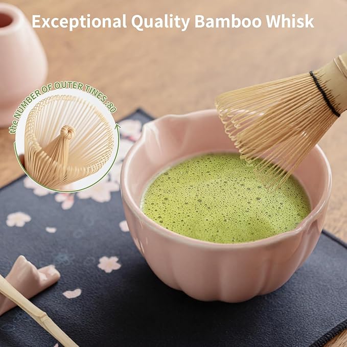 Matcha Whisk Set of 8 - HTRCXB Ceramic Matcha Set, Include Matcha Bowl, Matcha Whisk and Holder, Bamboo Scoop, Measuring Spoon, Scoop Rest, Sifter and Tea Towel - Matcha Kit Gift for Matcha Lovers