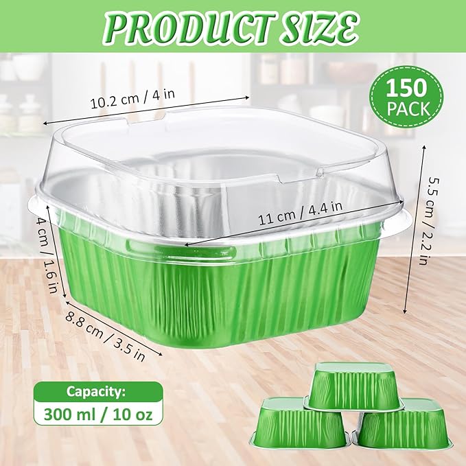 Aoriher 150 Pieces 10 oz Mini Cake Pans with Lids Aluminum Foil Baking Cups Square Disposable 4" x 4" Large Cupcake Cups Baking Tins for Kitchen Brownie Pudding Desserts Holders(Green)