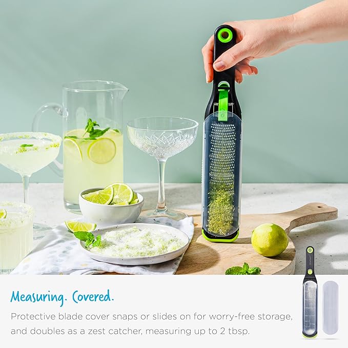 Dreamfarm Ozest Self-Cleaning POP-Button Zester for Fine, Fluffy Citrus Zest, Cheese, Nut, & Spices with Non-Slip Silicone Foot - 1mm Zester, Black/Green