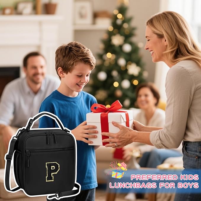 Initial Insulated Lunch Bag for Boys Kids, Back to School Gift, Reusable Leak-proof Lunch Box with Adjustable Strap for School Daycare Travel Picnic（Black，P）