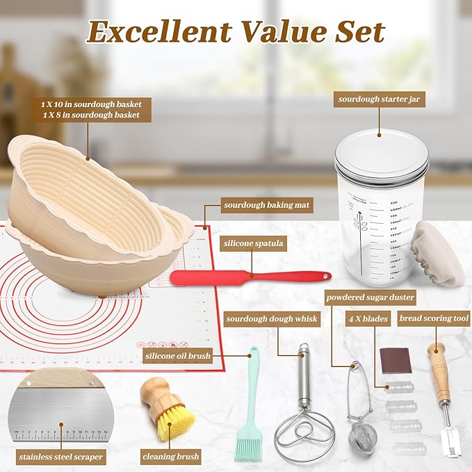 Windspeed Sourdough Bread Baking Supplies Kit of 15, Sourdough Starter Kit Include 10 and 8 Inch Bread Proofing Basket Dough Scraper Dough Starter Jar Linen Bag dough Whisk and Others